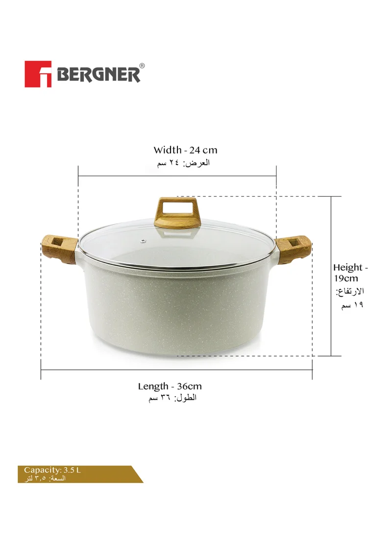 بيرجنر Bergner 24cm (3.5L) Cast Aluminum Casserole Dish with Glass Lid & Trivet, Non-Stick Marble Coating, Less Oil Use Healthy Cooking, Even Heating, Scratch Resistant, Induction & Gas Stove Compatible